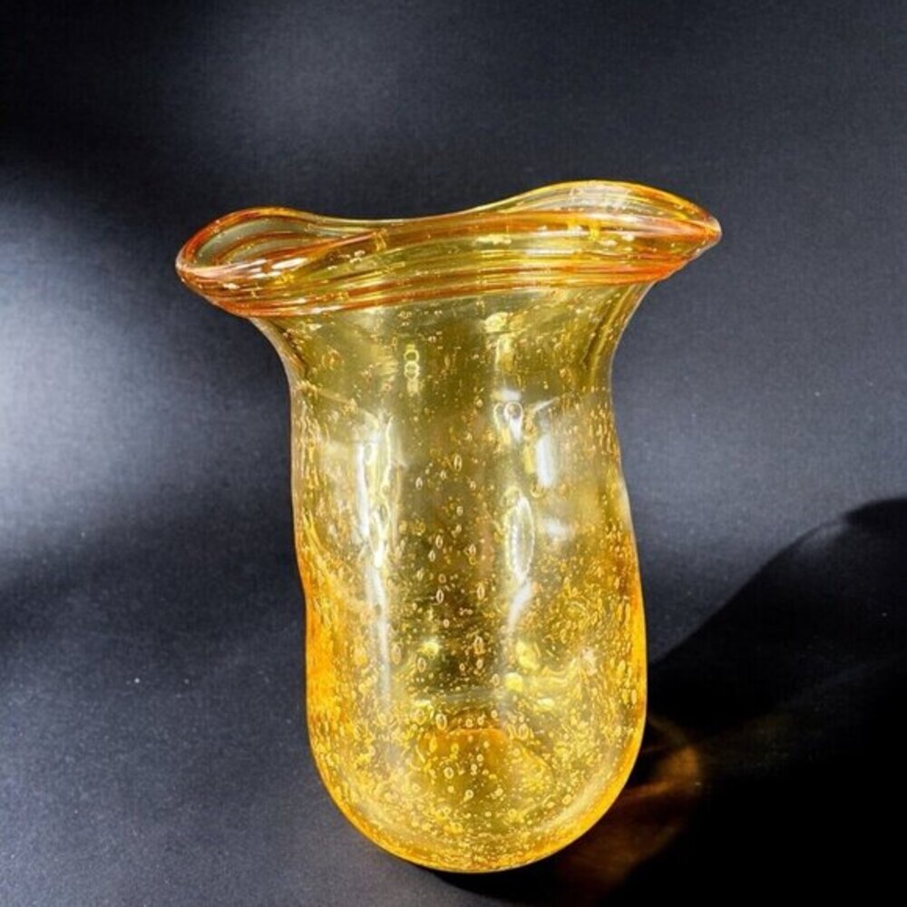 Yellow Amber Art Glass Vase With Small Bubbles Wavy Ruffled Top Vessel Vase VTG